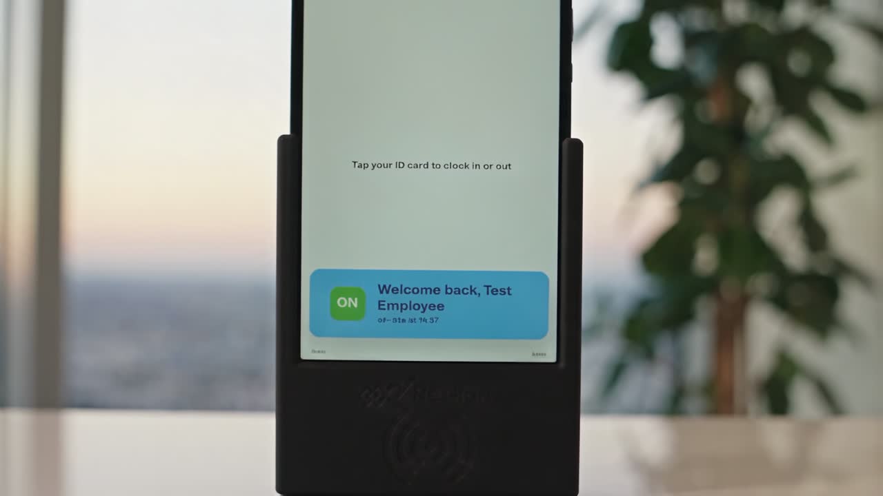 A Nexflow Clock kiosk confirming "Welcome back, Test Employee, on site at 14:57" after a fob tap.